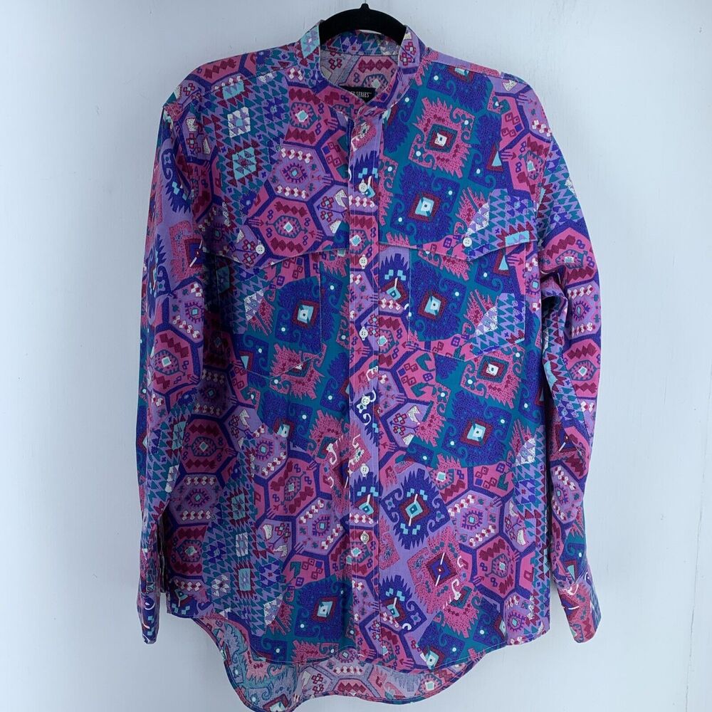 Vtg‎ Frontier Series Mens Medium Cowboy Western Shirt Floral Dopamine Funky